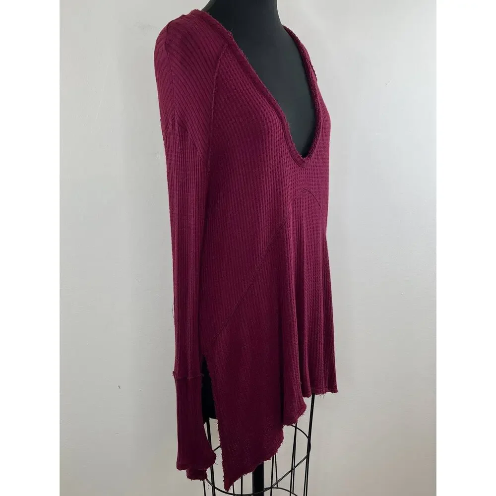 Free People Burgundy Purple Waffle Knit Plunge Neck Asymmetric Thermal Top S